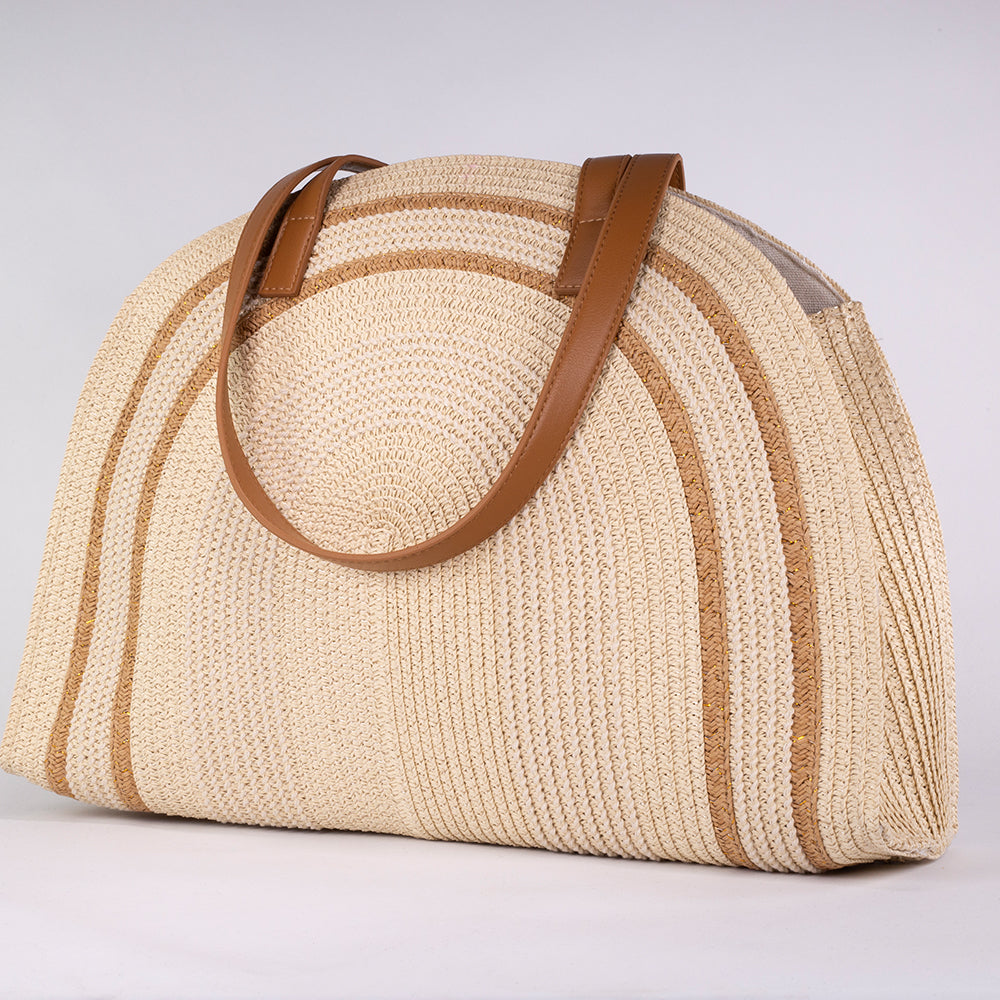 Bolso grande de paja con asas de piel sintética – 37 × 30 × 12 cm