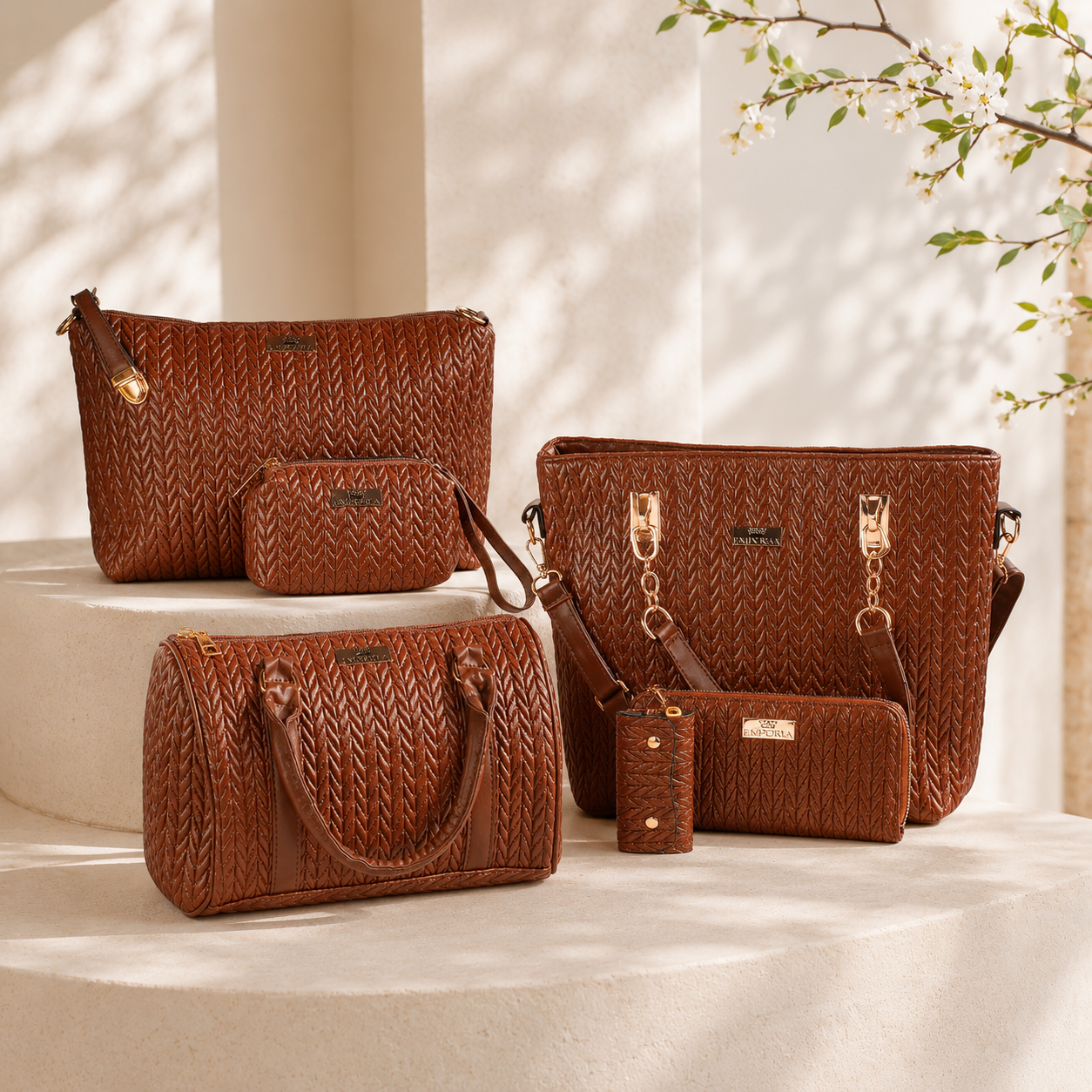 Colección Primavera 2026 de Emporia - "Choco Lux", juego de 6 bolsos; piel sintética, marrón.