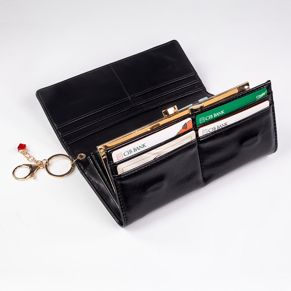 Cartera de privacidad con clave secreta de acceso para mujer. Color: negro y rojo