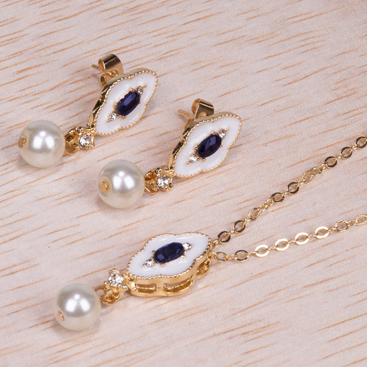 Conjunto de Aleación Bañado en Oro con Zafiro y Perla de cristal ( Collar +Pendientes +Colgante )