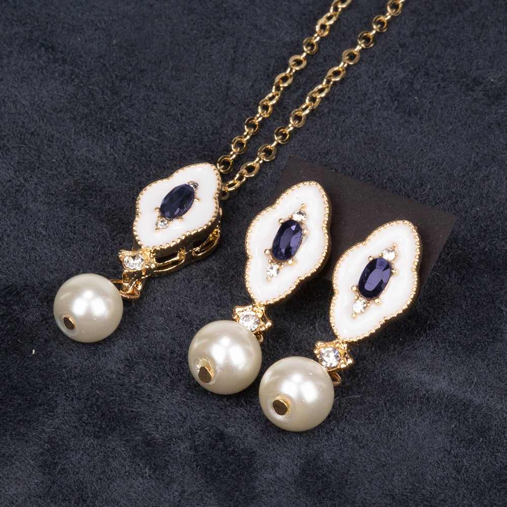 Conjunto de Aleación Bañado en Oro con Zafiro y Perla de cristal ( Collar +Pendientes +Colgante )