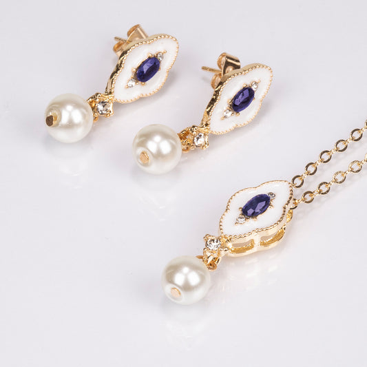 Conjunto de Aleación Bañado en Oro con Zafiro y Perla de cristal ( Collar +Pendientes +Colgante )