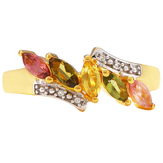 Anillo de Plata Bañada en Oro con Turmalina Arco Iris Pelmadulla y Topacio Blanco