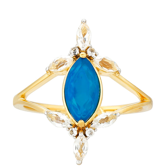 Anillo de Plata Bañada en Oro con Ópalo Azul Paraiba de Etiopía y Topacio Blanco