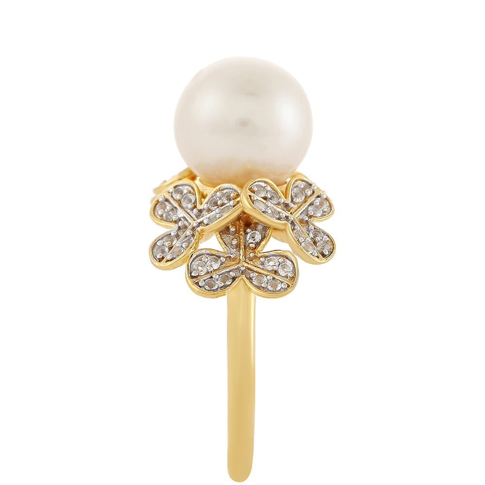 Anillo de Plata Bañada en Oro con Perla Barroca Cultivada de Agua Dulce y Topacio Blanco