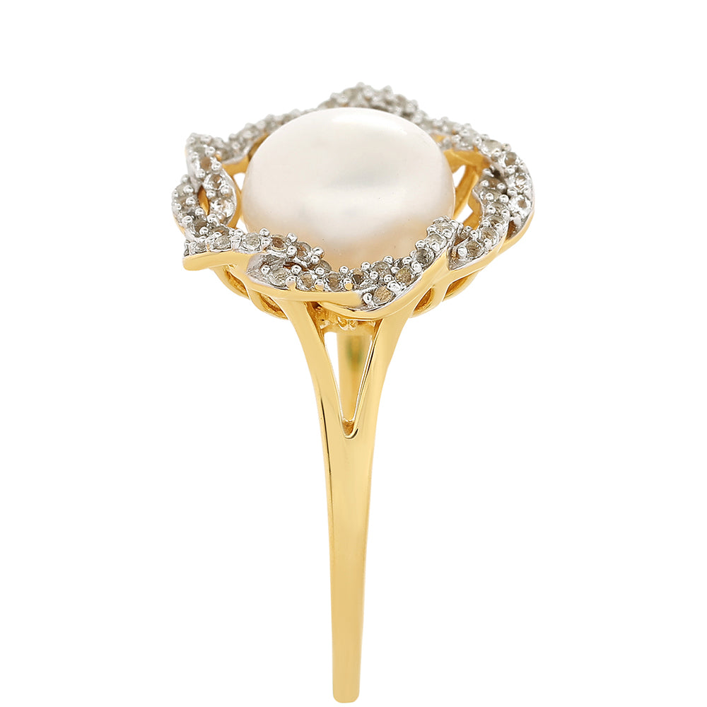 Anillo de Plata Bañada en Oro con Perla Barroca Cultivada de Agua Dulce y Topacio Blanco