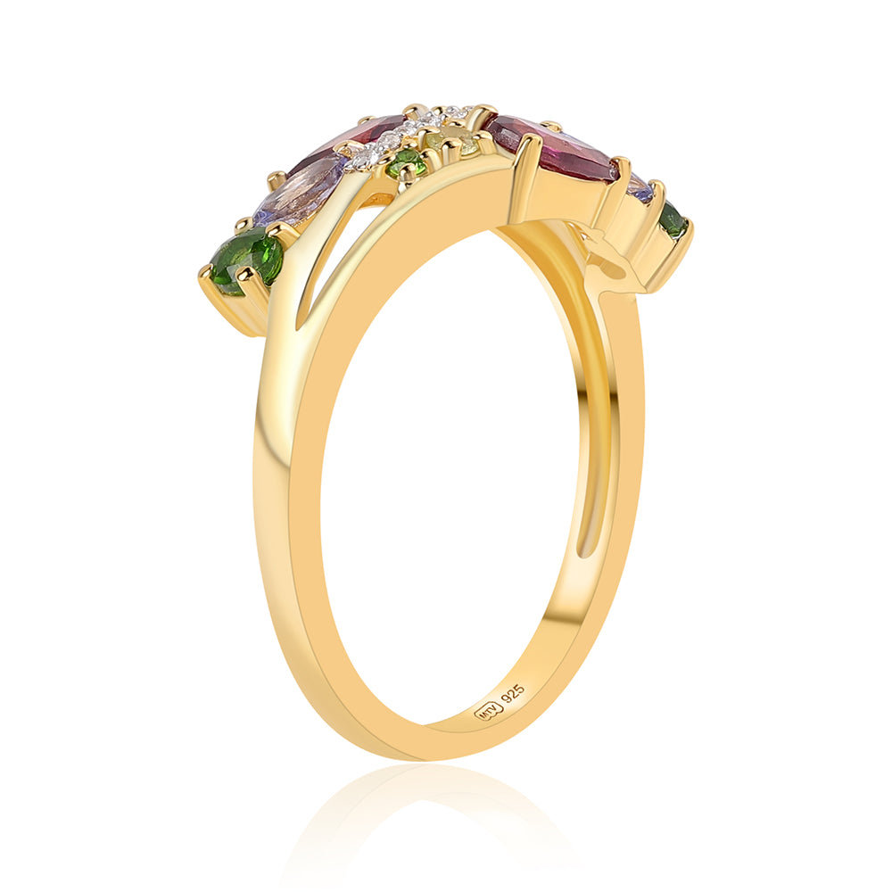 Anillo de Plata Bañada en Oro con Granate Rodolita y Tanzanita