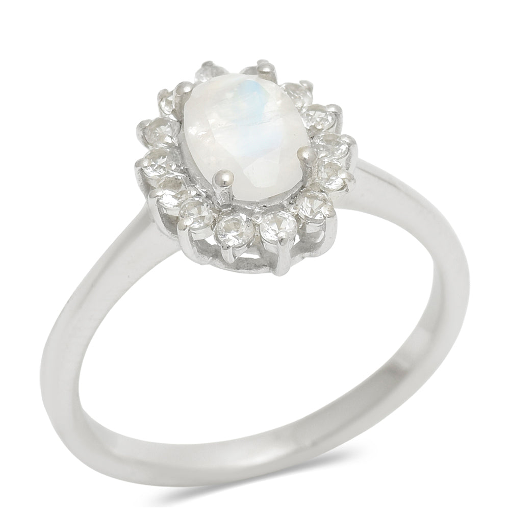 Anillo de Plata con Piedra Lunar Arco Iris y Topacio Blanco
