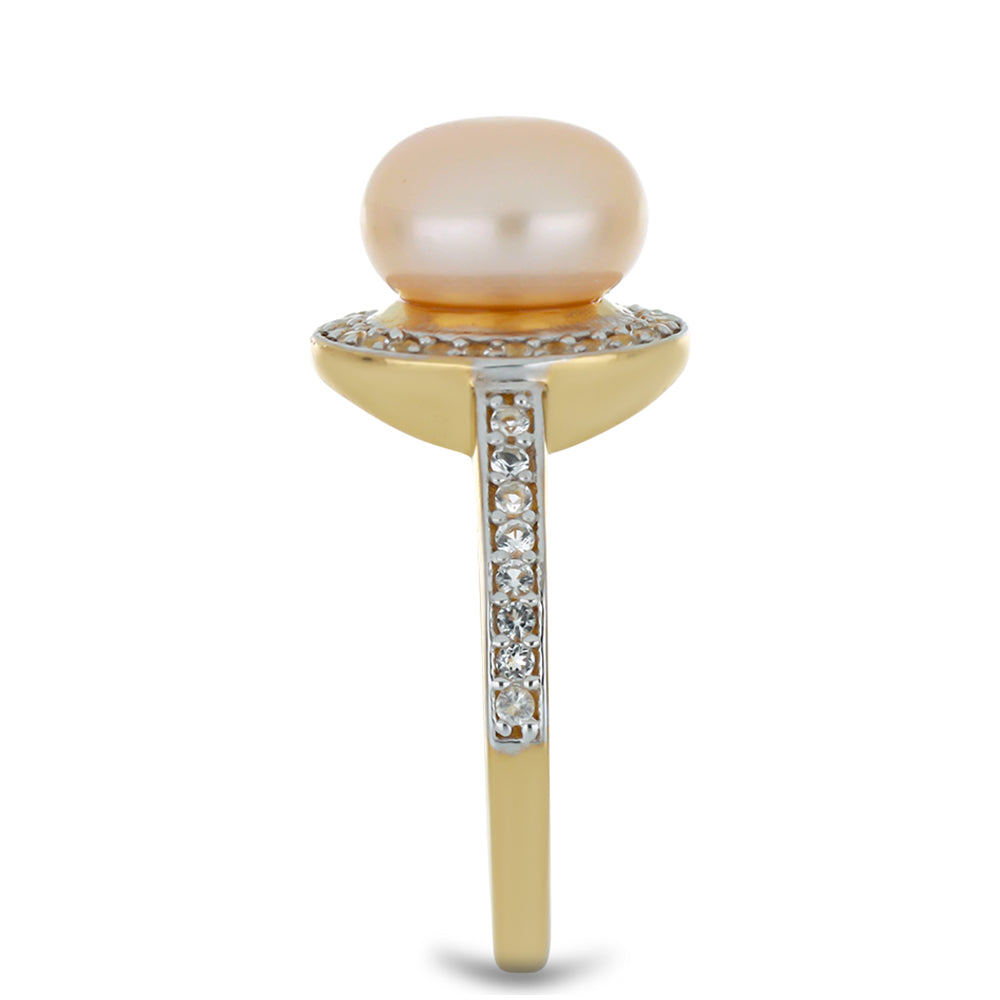 Anillo de Plata Bañada en Oro con Perla de agua dulce melocotón y Topacio Blanco