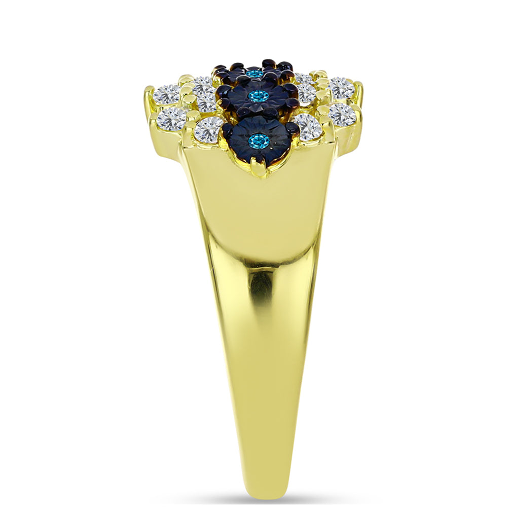 Anillo de Plata Bañada en Oro con Diamante Azul y Topacio Blanco
