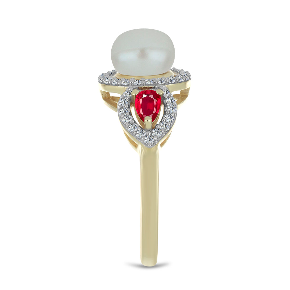 Anillo de Plata Bañada en Oro con Perla de Agua Dulce y Rubí de Madagascar