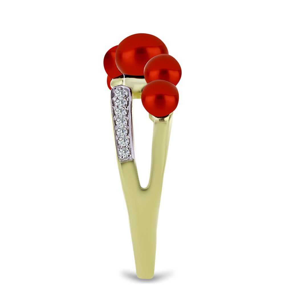 Anillo de Plata Bañada en Oro con Perla roja de río y Topacio Blanco