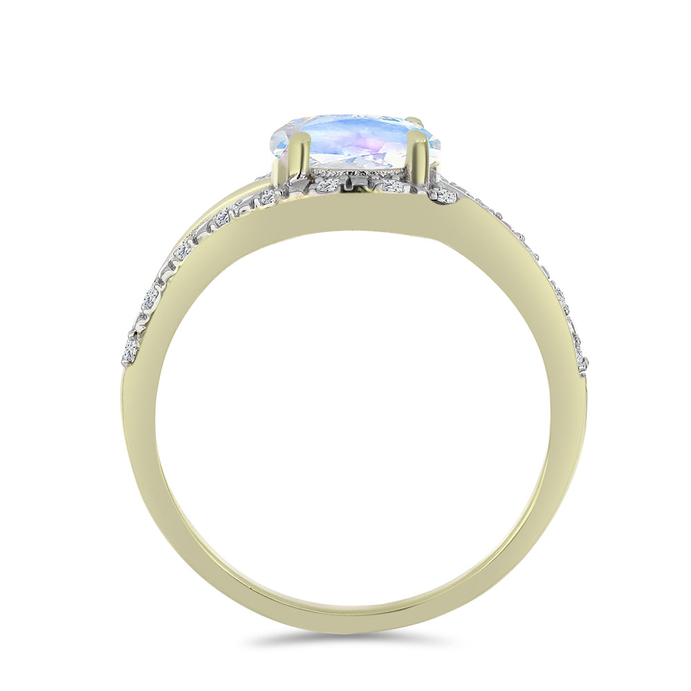 Anillo de Plata Bañada en Oro con Piedra Lunar Arco Iris y Topacio Blanco