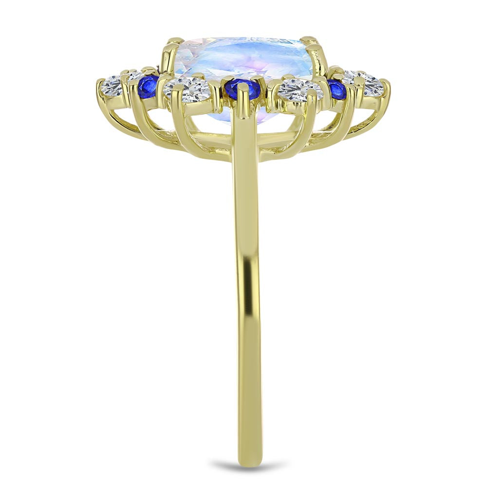 Anillo de Plata Bañada en Oro con Piedra Lunar Arco Iris y Zafiro Azul Australiano