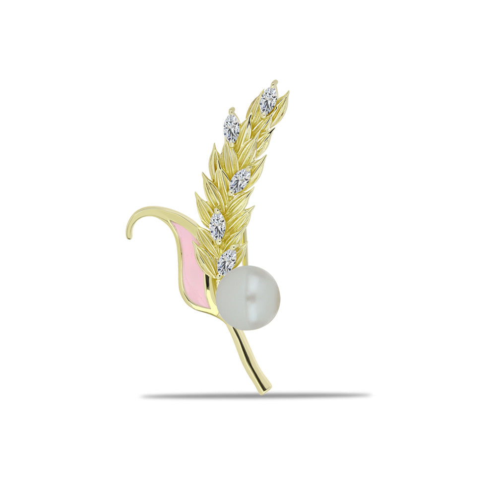 Broche de Plata Bañada en Oro con Perla blanca de agua dulce y Topacio Blanco