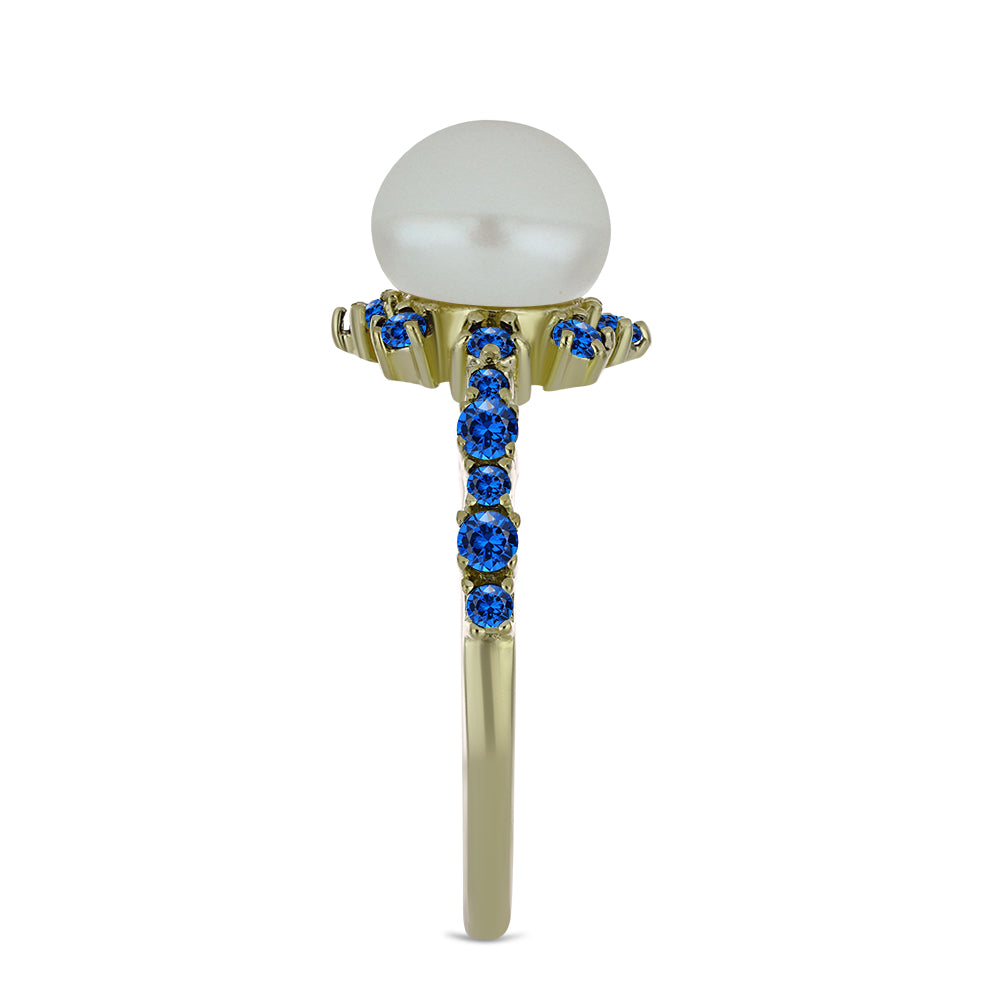 Anillo de Plata Bañada en Oro con Perla blanca de agua dulce y Zafiro Azul Australiano