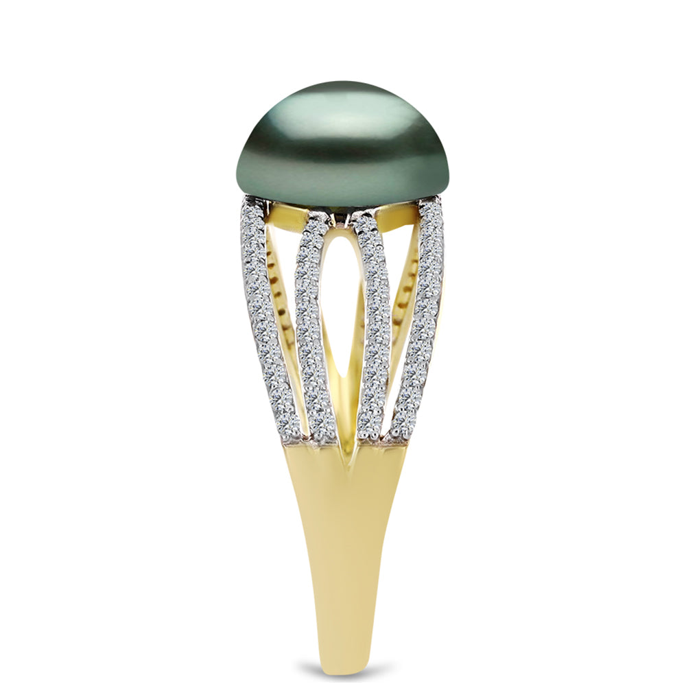 Anillo de Plata Bañada en Oro con Perla de río Tahiti verde ilusión y Topacio Blanco