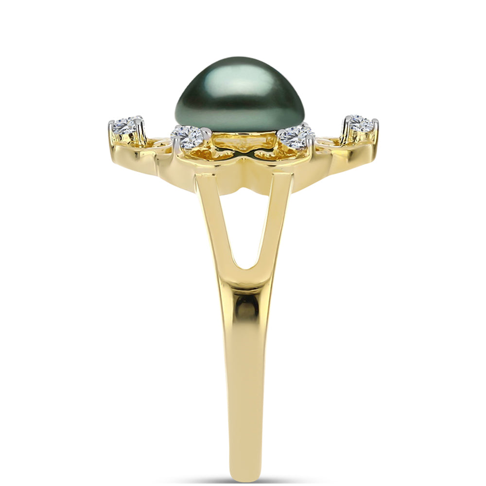 Anillo de Plata Bañada en Oro con Perla de río Tahiti verde ilusión y Topacio Blanco