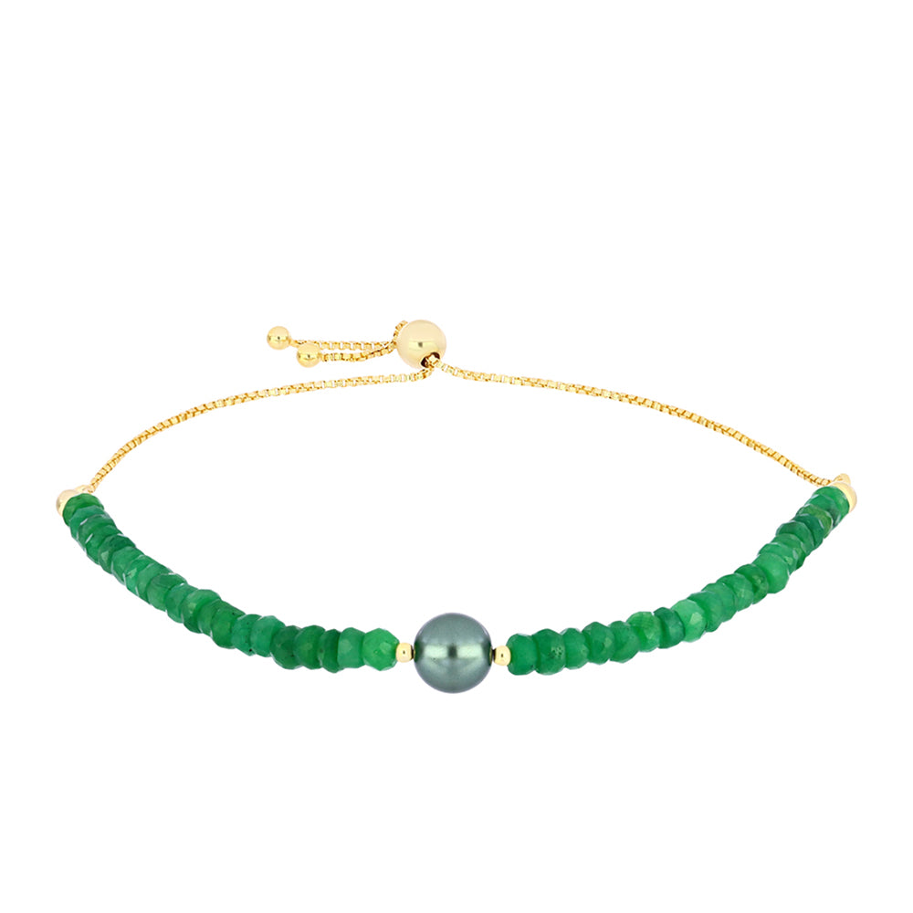 Pulsera de Plata Bañada en Oro con Perla de río Tahiti verde ilusión y Esmeralda de Brasil