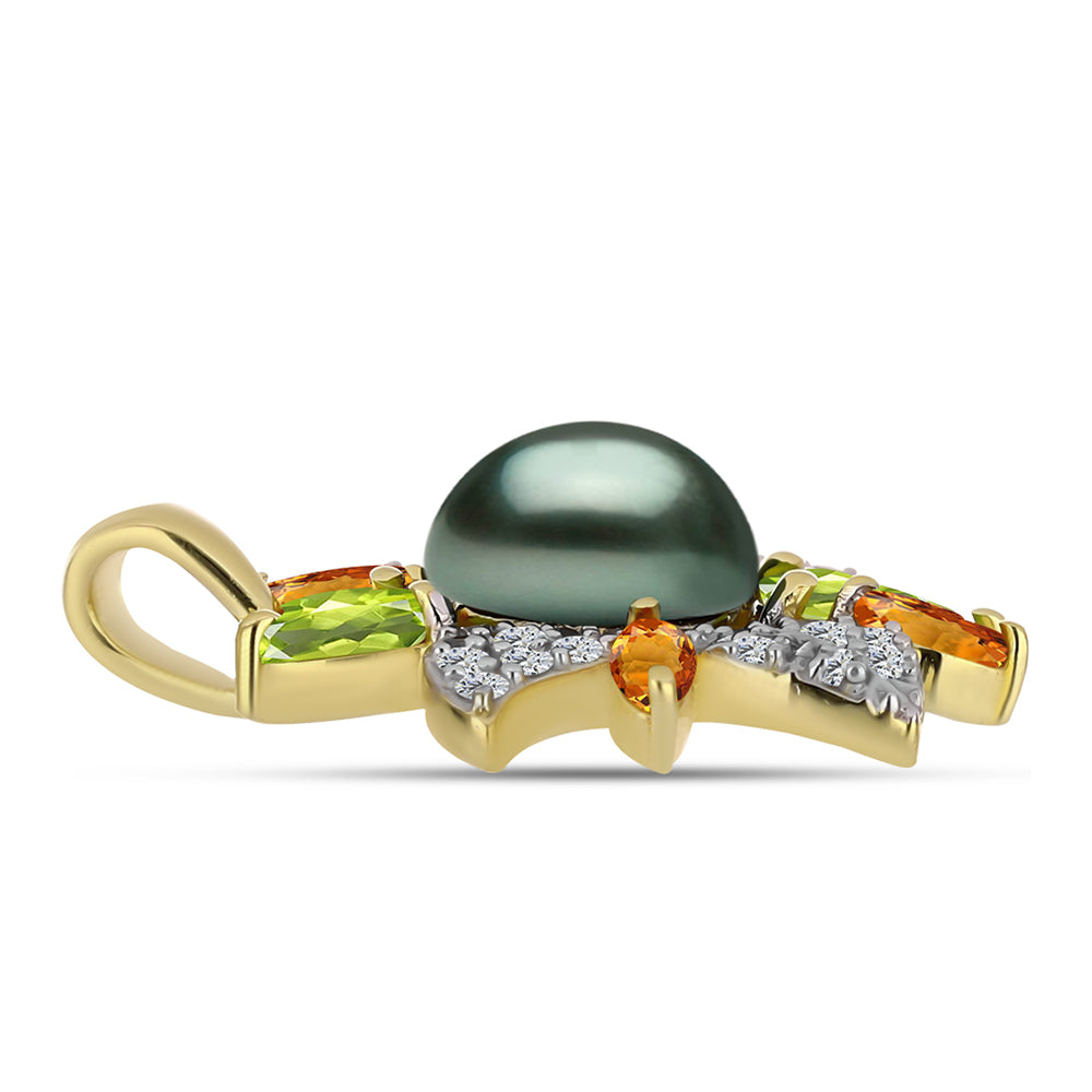 Colgante de Plata Bañada en Oro con Perla de río Tahiti verde ilusión y Peridoto de Changbai
