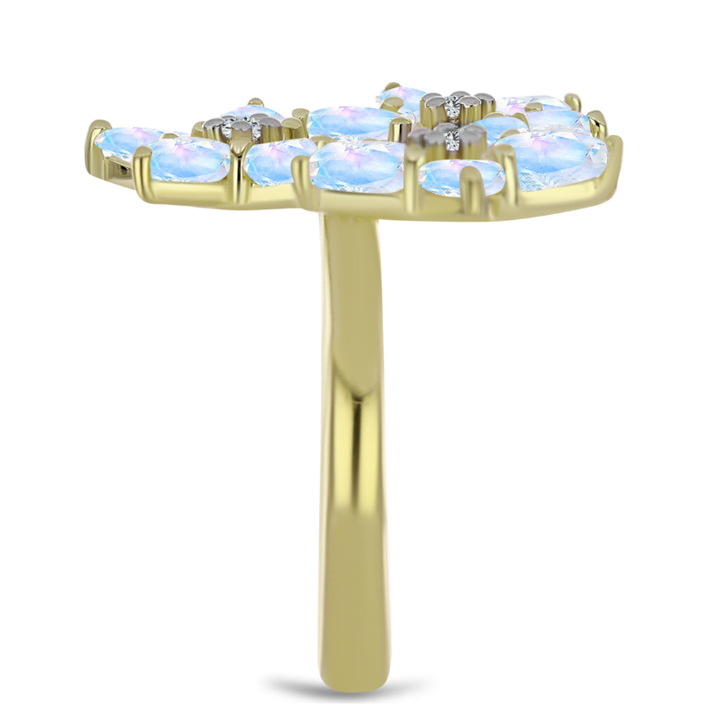 Anillo de Plata Bañada en Oro con Piedra Lunar Arco Iris y Topacio Blanco