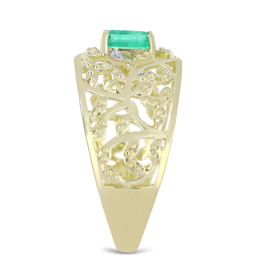 Anillo de Plata Bañada en Oro con Esmeralda de Colombia y Diamante blanco