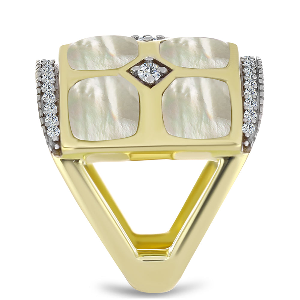 Anillo de Plata Bañada en Oro con Madreperla y Topacio Blanco