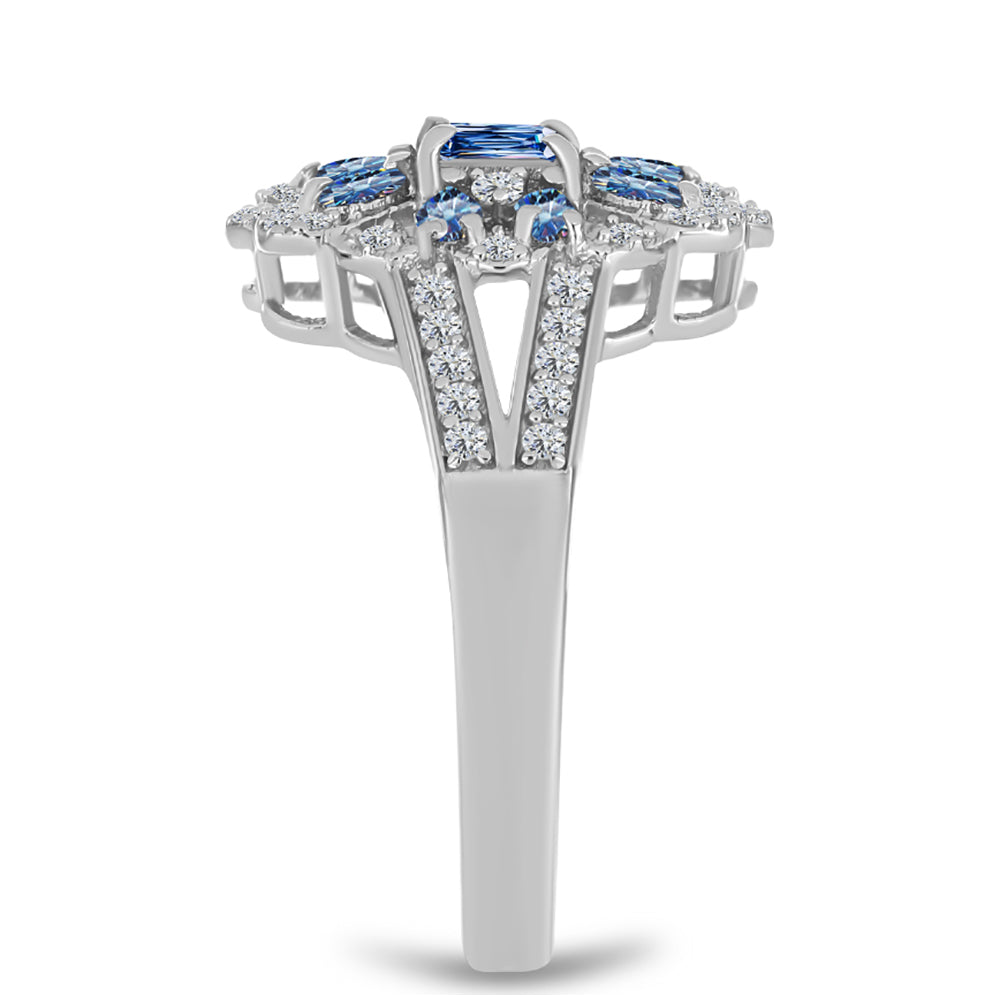 Anillo de Plata con Moisanita azul océano y Topacio Blanco