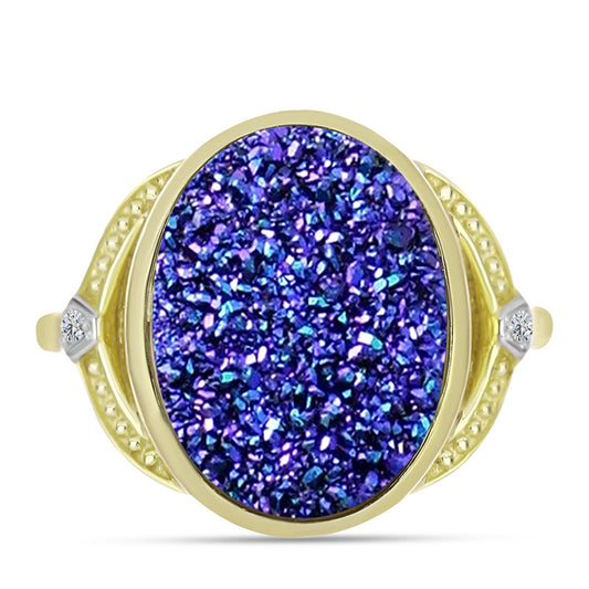 Anillo de Plata Bañada en Oro con Drusa Purpura y Topacio Blanco