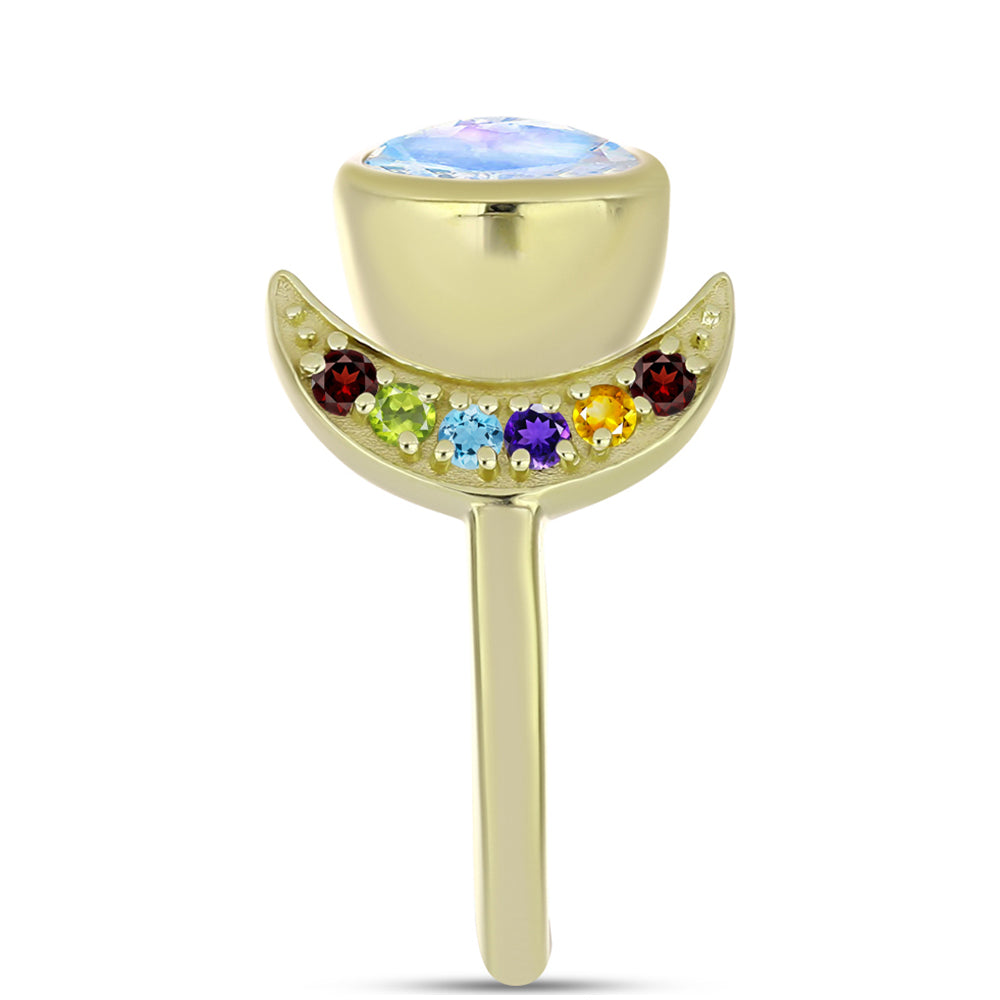 Anillo de Plata Bañada en Oro con Piedra Lunar Arco Iris y Amatista de Marruecos