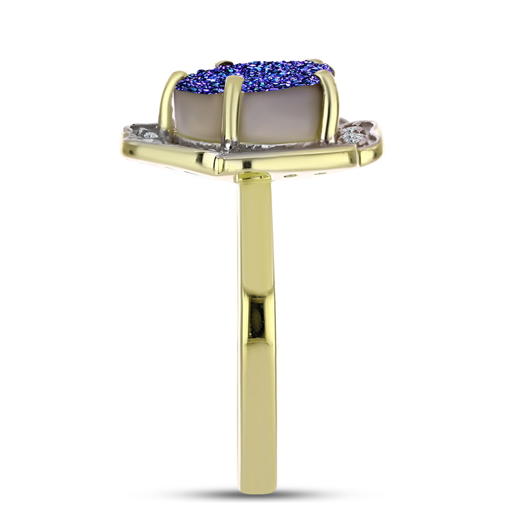 Anillo de Plata Bañada en Oro con Drusa Purpura y Topacio Blanco