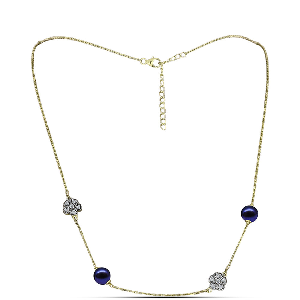 Collar de Plata Bañada en Oro con Perla Negra de Agua dulce y Topacio Blanco