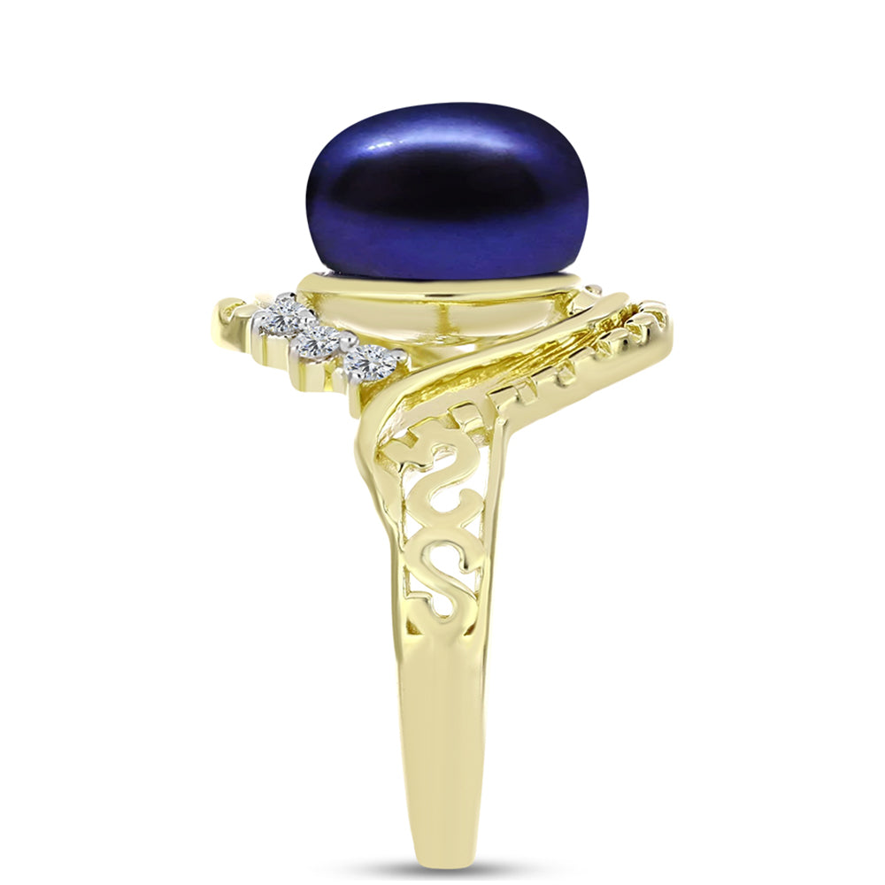 Anillo de Plata Bañada en Oro con Perla Negra de Agua dulce y Topacio Blanco