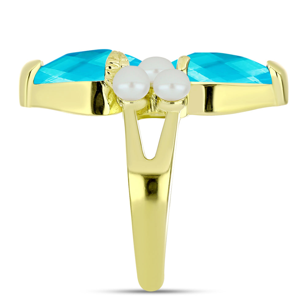 Anillo de Plata Bañada en Oro con Jade Azul y Perla de Agua Dulce