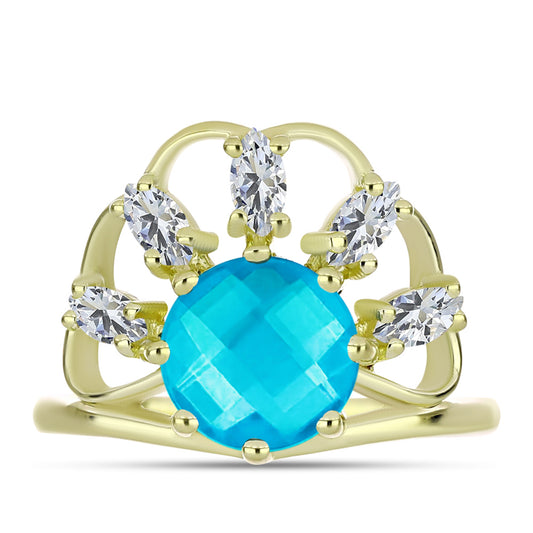 Anillo de Plata Bañada en Oro con Jade Azul y Topacio Blanco