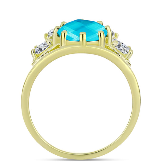 Anillo de Plata Bañada en Oro con Jade Azul y Topacio Blanco