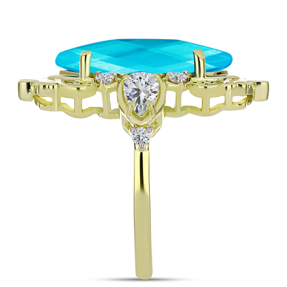 Anillo de Plata Bañada en Oro con Jade Azul y Topacio Blanco