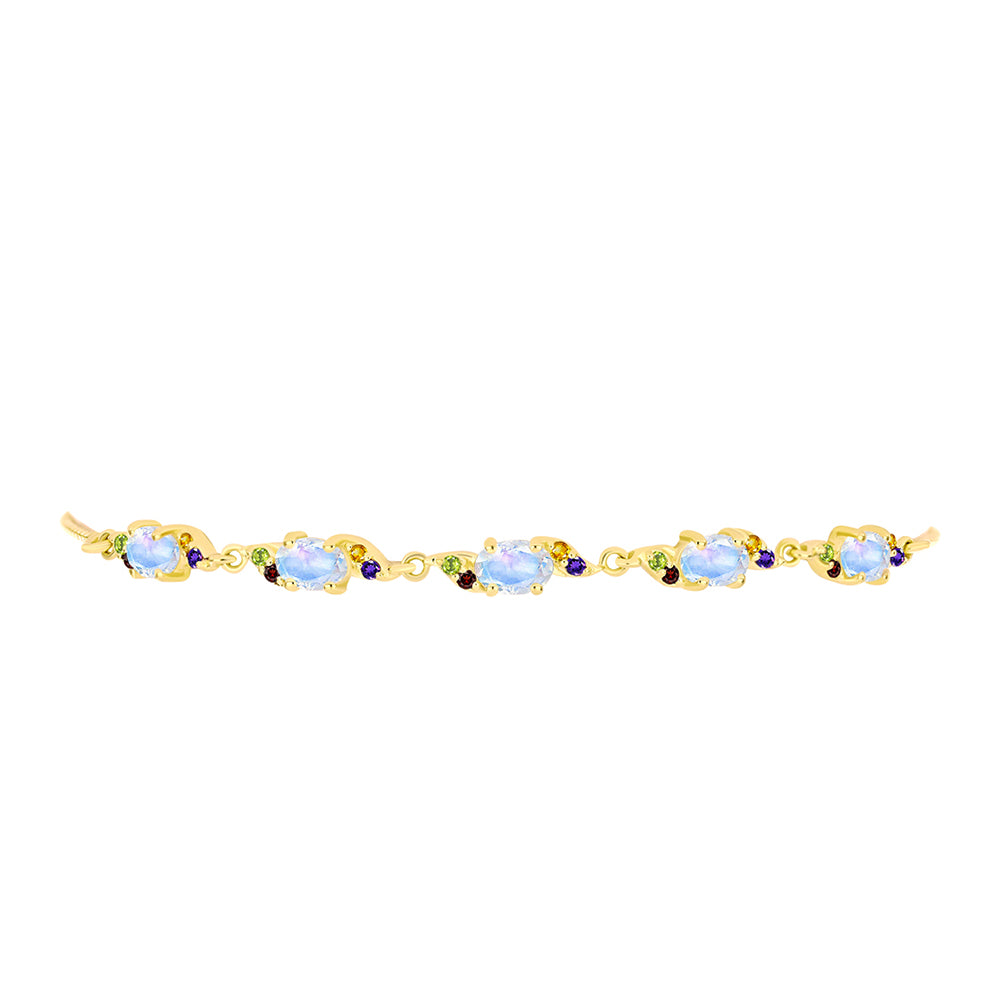 Pulsera de Plata Bañada en Oro con Piedra Lunar Arco Iris y Amatista de Marruecos