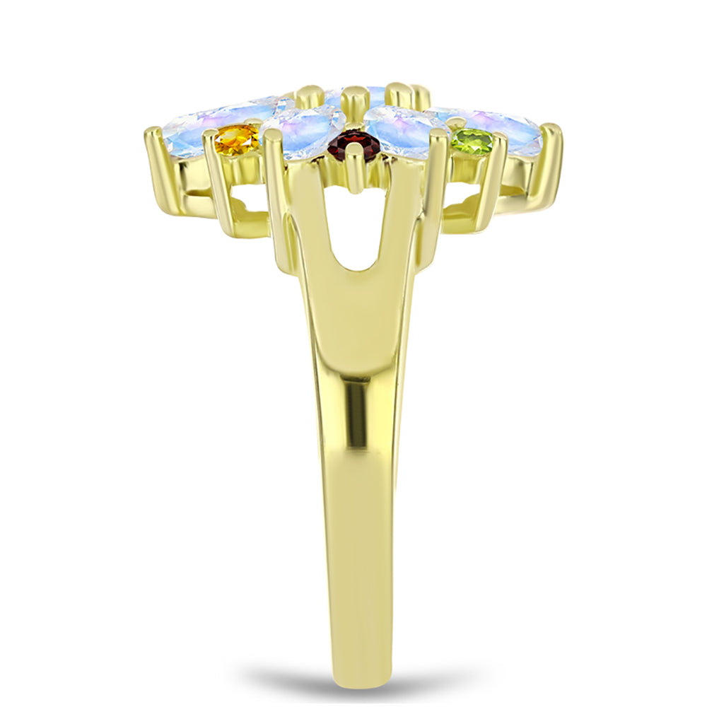Anillo de Plata Bañada en Oro con Piedra Lunar Arco Iris y Citrino de los Montes Urales