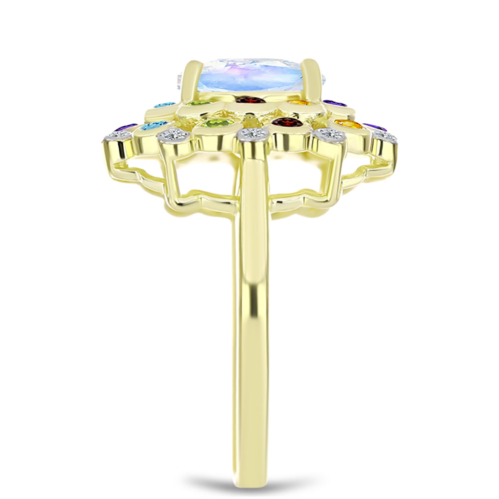 Anillo de Plata Bañada en Oro con Piedra Lunar Arco Iris y Amatista de Marruecos