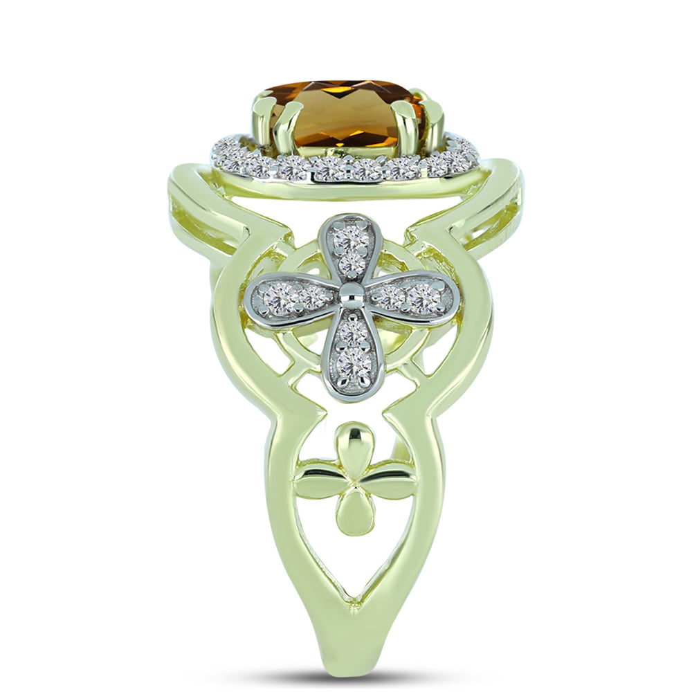 Anillo de Plata Bañada en Oro con Cuarzo Coñac y Topacio Blanco