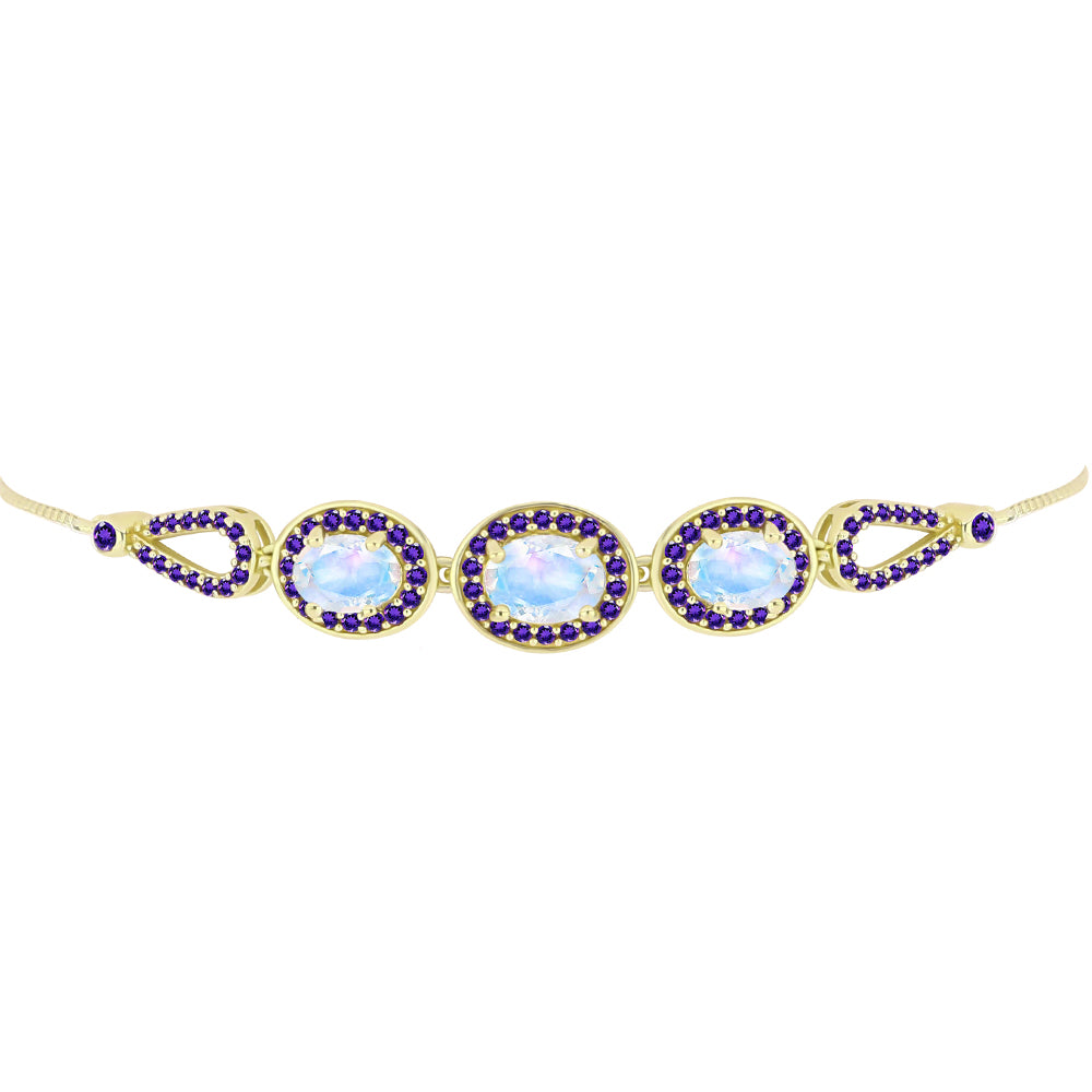 Pulsera de Plata Bañada en Oro con Piedra Lunar Arco Iris y Amatista de Marruecos