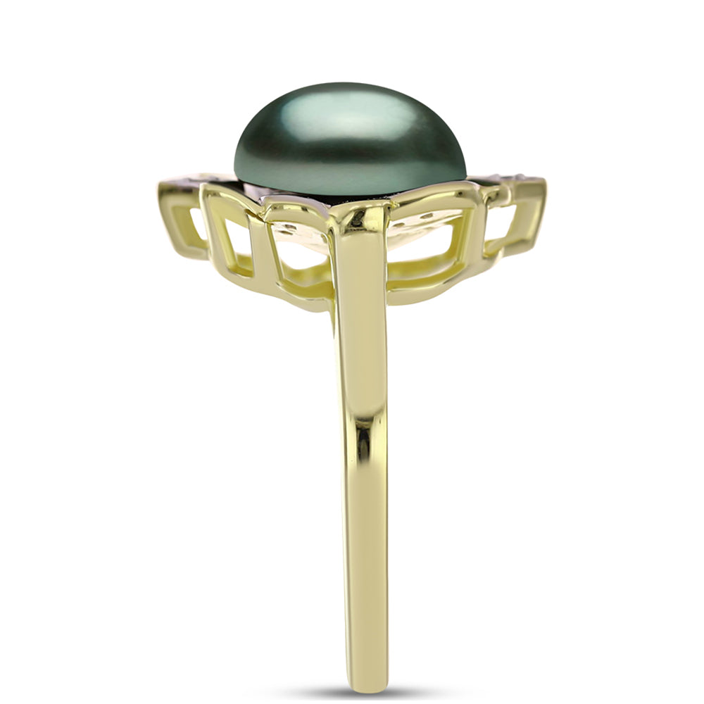 Anillo de Plata Bañada en Oro con Perla de río Tahiti verde ilusión y Topacio Blanco
