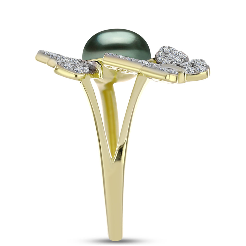 Anillo de Plata Bañada en Oro con Perla de río Tahiti verde ilusión y Topacio Blanco