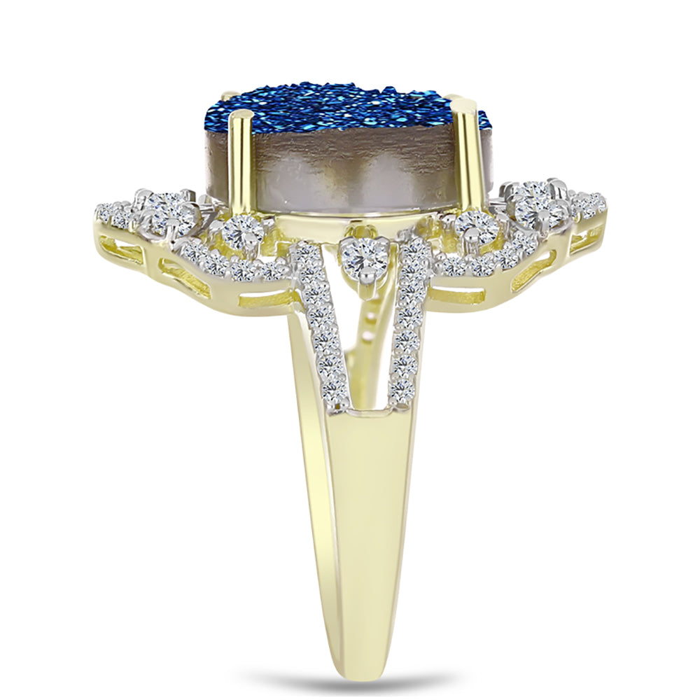 Anillo de Plata Bañada en Oro con Drusa Azul y Topacio Blanco