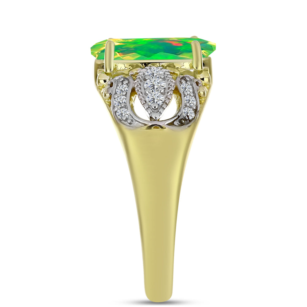 Anillo de Plata Bañada en Oro con Ópalo Verde Etíope de Lega Dembi y Topacio Blanco