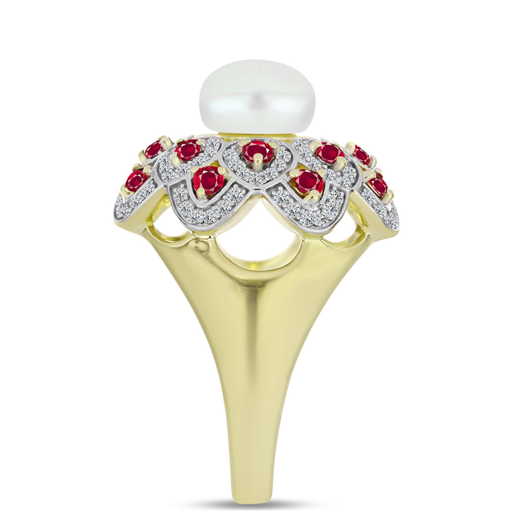 Anillo de Plata Bañada en Oro con Rubí de Madagascar y Perla de Agua Dulce