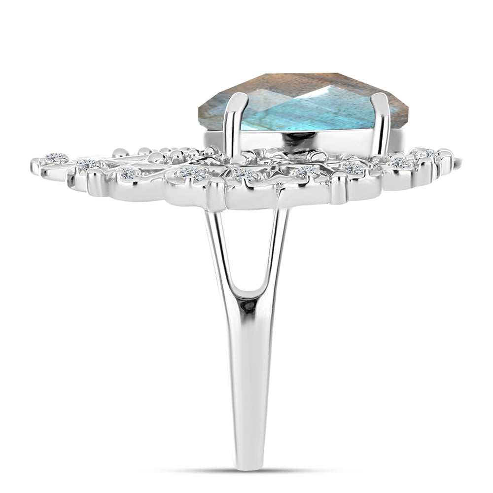 Anillo de Plata con Labradorita de las Minas de Gullgruvene y Topacio Blanco