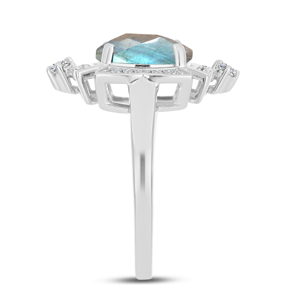 Anillo de Plata con Labradorita de las Minas de Gullgruvene y Topacio Blanco