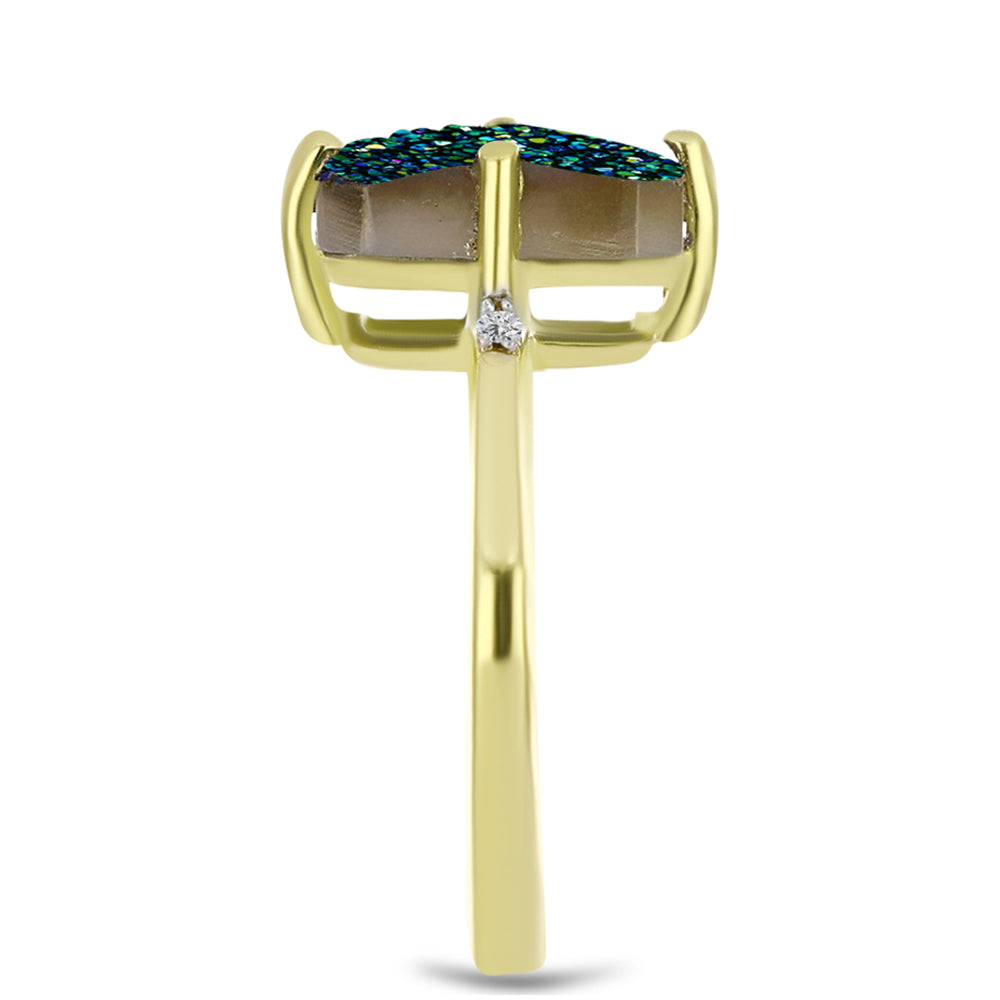 Anillo de Plata Bañada en Oro con Drusa Verde y Topacio Blanco